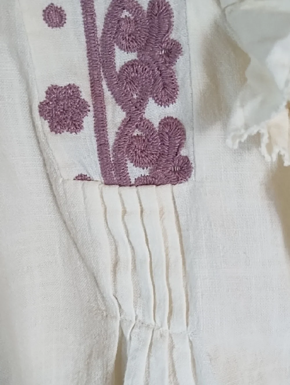 Embroidered Ruffle Cotton Blouse - Cream with Mauve Detail - Picture 4 of 7